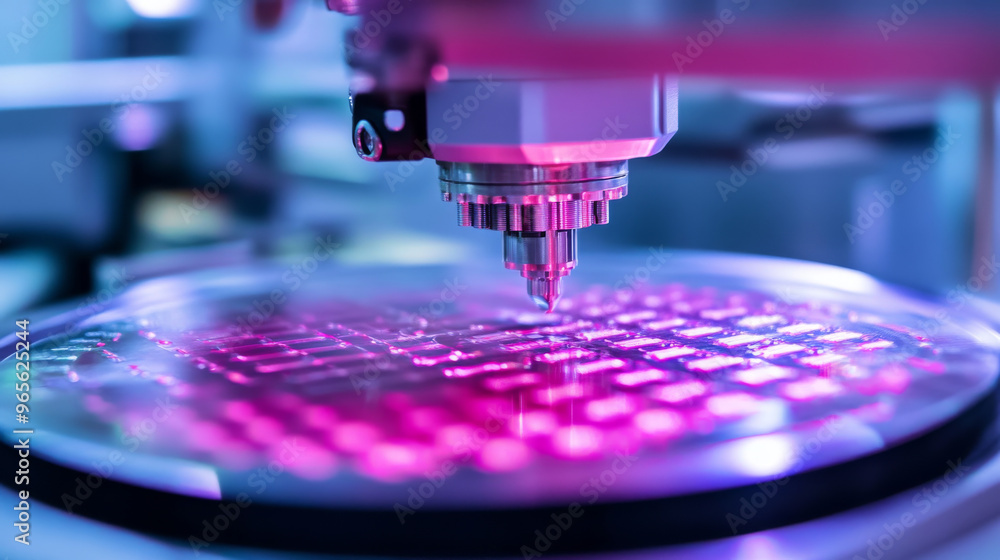 Poster a machine carefully picks up tiny silicon chips from a wafer and places them onto a base. this is pa