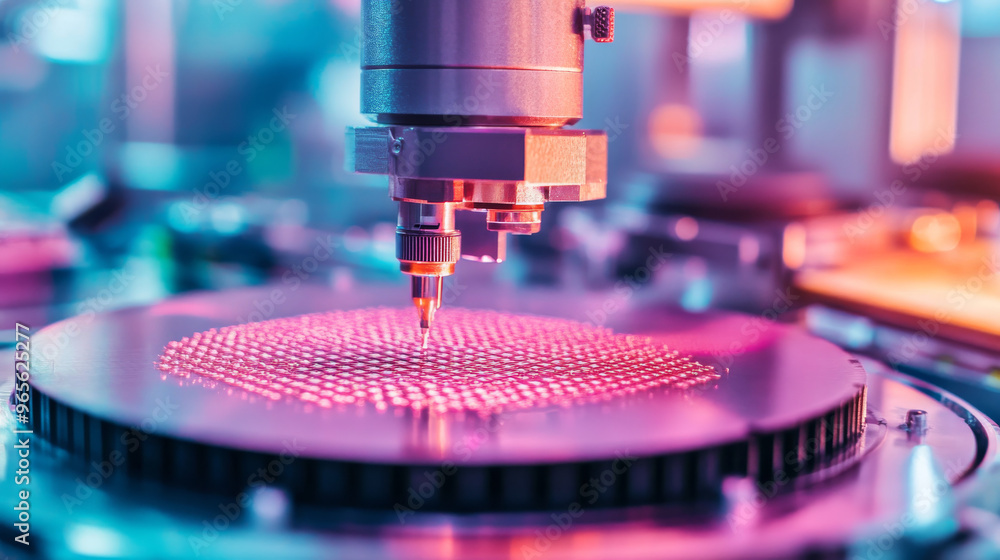 Poster a machine carefully picks up tiny silicon chips from a wafer and places them onto a base. this is pa