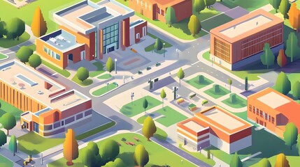 Virtual university campus map with security checkpoints highlighted, isometric illustration style, vibrant colors, subtle drop shadows, soft ambient light, mood of safety and preparedness