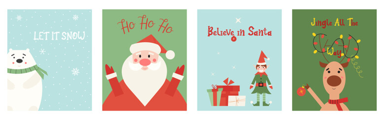 Fototapeta premium Happy holidays 2024 greeting cards collection. Cute and funny flat Christmas cartoon characters with warm wishes.