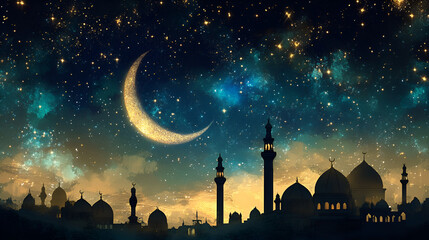 A tranquil night sky filled with stars and a crescent moon on 12 Rabi al Awwal for Eid Milad un Nabi