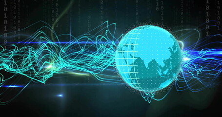 Digital globe with data waves and binary code, representing global network connections