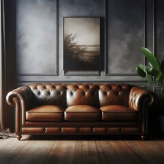 Interior design. Brown leather sofa against a gray wall with a picture and empty frames. 3D rendering.