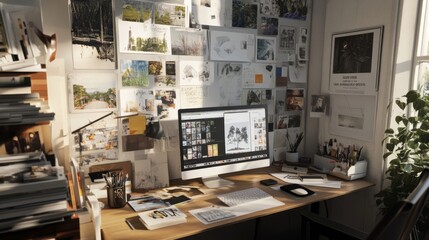 A creative workspace with a mood board, inspirational quotes, and various design elements, showcasing the environment of concept development.