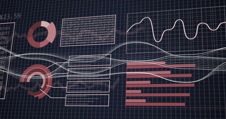 Binary code and financial data processing over fluctuating graph and percentage symbols