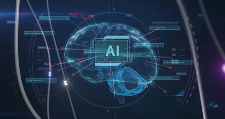 Image of digital brain with ai text over connections