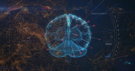 Image of digital brain spinning over data processing