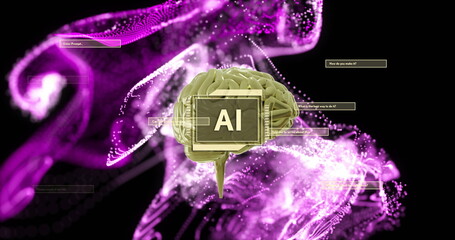 Image of digital brain with ai text over pink spots