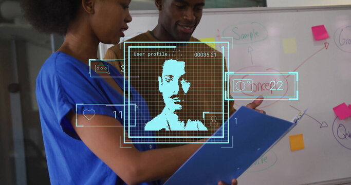 Image of biometric photos and data processing over diverse business people in office - Powered by Adobe