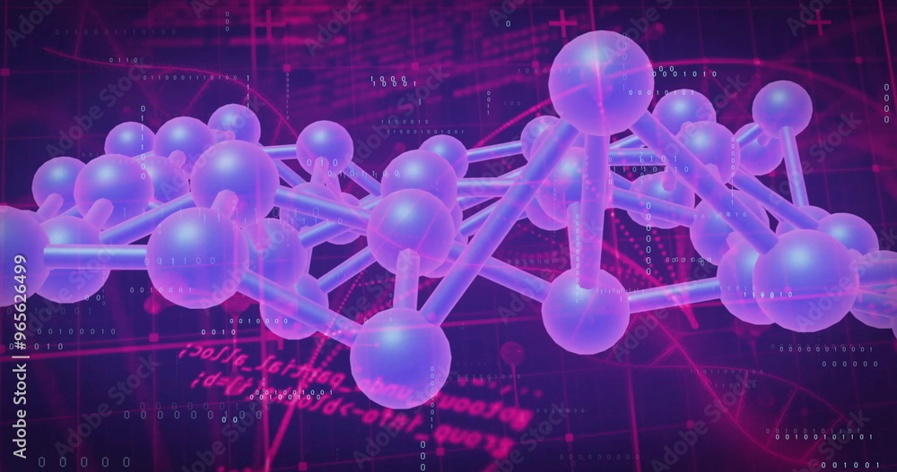 Poster image of dna network of connections with data processing and molecules on black background