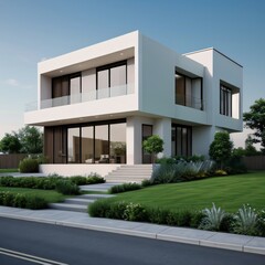 Fototapeta premium Modern luxury house with a well-manicured lawn..