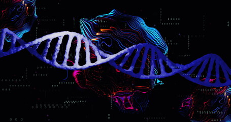 Image of dna strand and data processing on black background
