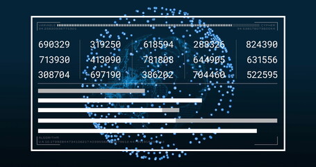 Image of globe with spots and data processing on black background