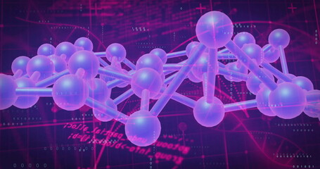 Image of dna network of connections with data processing and molecules on black background