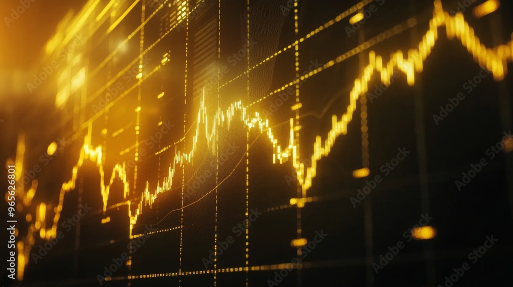 Poster A detailed shot of a gold price chart on a computer screen, with fluctuating lines and candlestick patterns, showcasing market analysis.