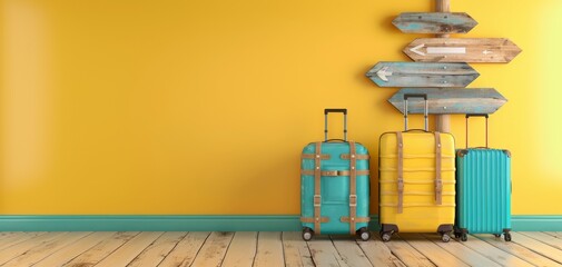 Vibrant luggage stands against a bright yellow wall, perfect for travel, vacation, or adventure-themed projects and promotions.