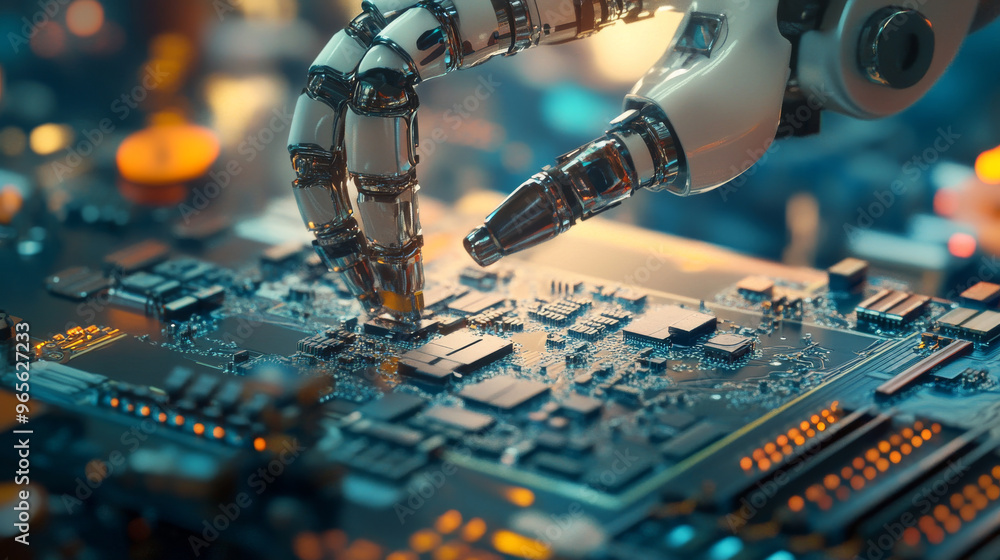 Poster a robot arm swiftly places parts onto printed circuit boards, speeding up electronics production.