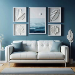 Living room interior with a white sofa near a blue wall with paintings. 3D illustration.