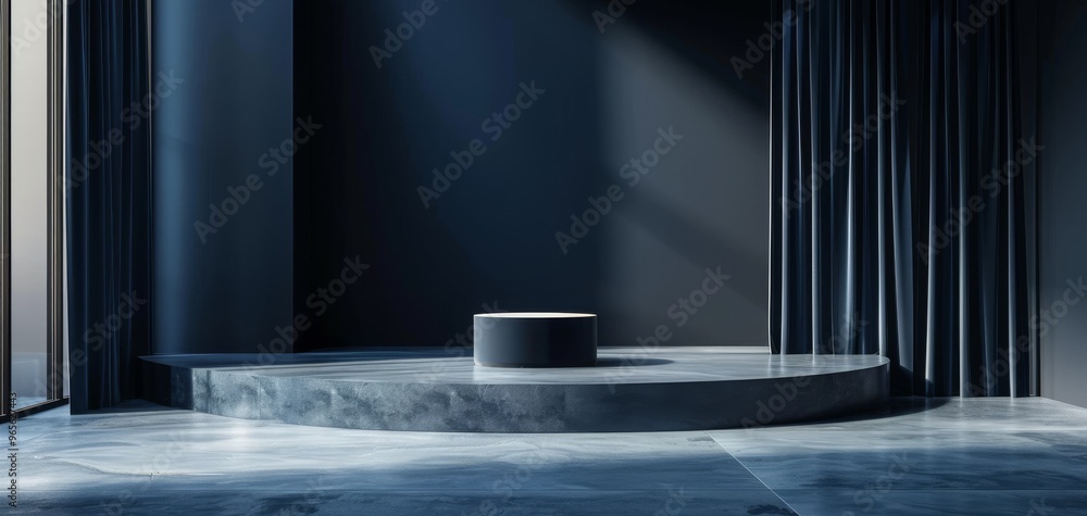 Poster Modern stage design featuring a circular podium with dark curtains and soft lighting, creating an elegant and minimalistic atmosphere.