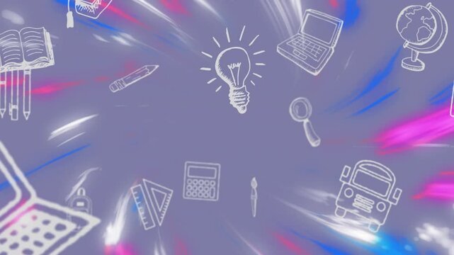 Animation of education icons over light trails on purple background