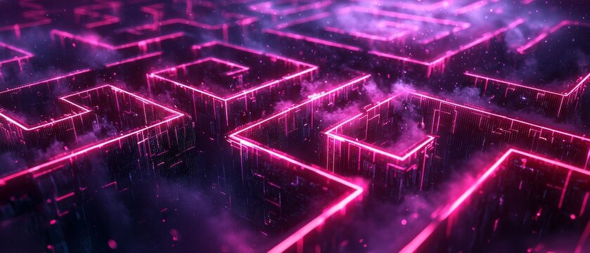 Glowing Neon Abstract Corn Maze in Surreal Floating Structure with Copy Space for Text