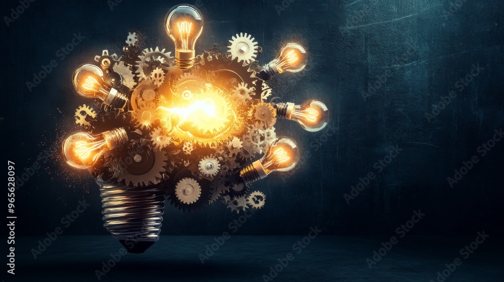 Poster a digital concept of a brain with interconnected gears and lightbulbs, symbolizing the generation an
