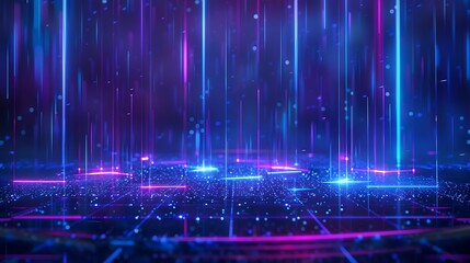 Obraz premium Vibrant digital environment with abstract neon lights and glowing patterns creating a futuristic atmosphere. Stage for product presentation.