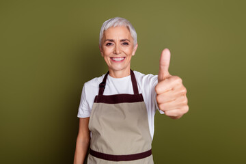 Photo of cheerful pretty lady dressed apron owning cafe show you thumb up empty space isolated...