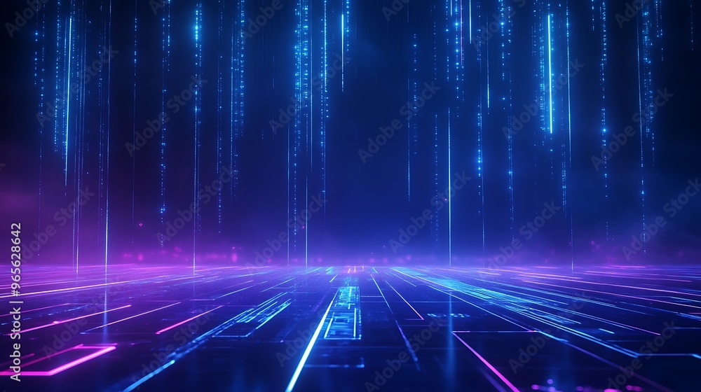 Poster vibrant digital landscape with glowing lines and particles, creating a futuristic atmosphere in neon
