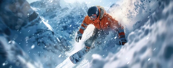 Naklejka premium Dynamic shot of a snowboarder performing a trick in the air, Sports, Thrill