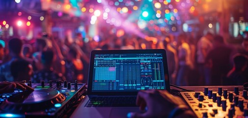 Dynamic scene of a DJ set, with colorful lights and energetic crowd, creating an electrifying nightlife vibe.