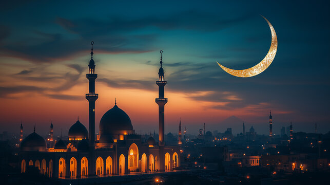beautiful mosque at night, close up, dome silhouette with crescent moon at background. islamic ramadan vibes theme