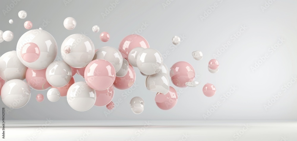 Poster a vibrant composition of floating spheres in soft pink and white colors, creating a modern, abstract