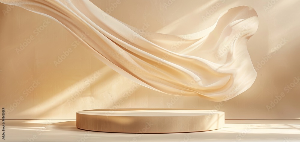 Aufkleber A soft fabric flows gracefully above a round podium, creating an elegant and serene atmosphere for display and presentation.