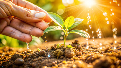 Fototapeta premium Hand nurturing a young plant with water droplets for growth and environmental care concept
