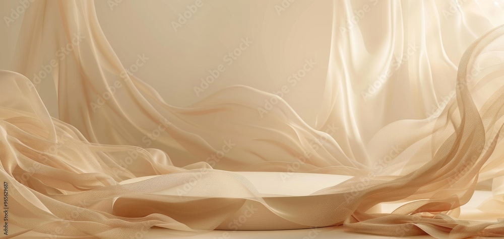 Poster soft flowing fabric drapes gracefully around a circular pedestal, creating a serene and elegant atmo