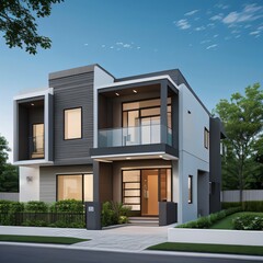 Modern luxury house with a well-manicured lawn..