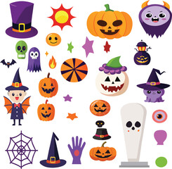 Flat color Halloween design element collection vector art illustration. 