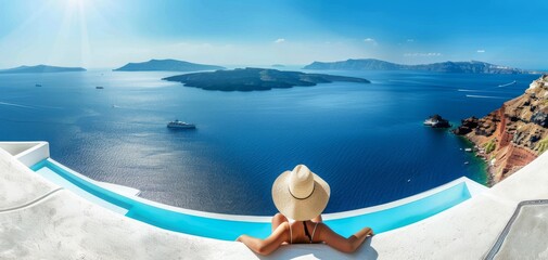 A serene view of a woman relaxing by the infinity pool overlooking the beautiful sea and islands in Santorini.