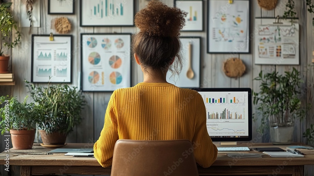 Poster person analyzing data on computer surrounded by plants and graphs in home office