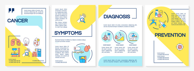 Cancer blue and yellow brochure template. Symptoms and treatment. Leaflet design with linear icons. Editable 4 vector layouts for presentation, annual reports. Questrial, Lato-Regular fonts used