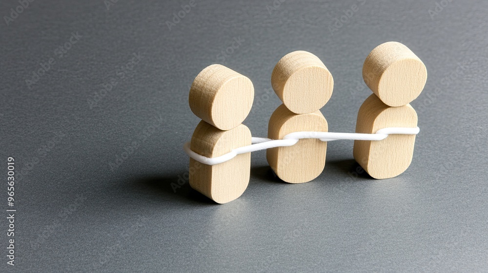 Poster wooden figures representing people are interconnected by white lines on a neutral grey background, s