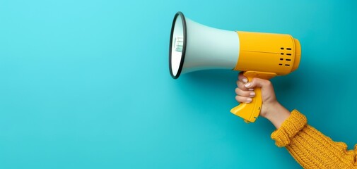 A vibrant hand holding a yellow megaphone against a blue background, symbolizing communication and announcement.