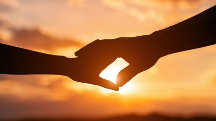 Hands together against a sunset backdrop, symbolizing love, connection, and unity in a warm, glowing atmosphere.