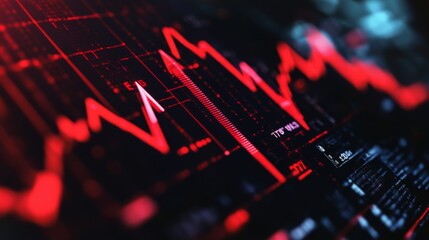 Fototapeta premium A financial graph showing a declining trend, with red lines and downward arrows, symbolizing market downturn or economic challenges.