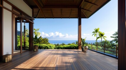Fototapeta premium view from a modern wooden porch overlooking a serene ocean and lush greenery. Perfect for relaxation and inspiration.