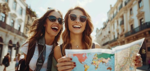 Two cheerful friends exploring a vibrant city while reading a map, enjoying their travel adventure under the sunny sky.