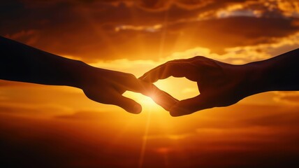 Two hands reaching towards each other against a stunning sunset, symbolizing connection, love, and unity in a beautiful moment.