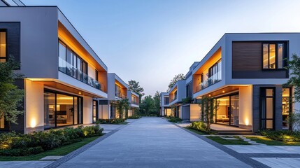 Modern Townhouses with Sleek Design and Ambient Lighting - Stylish Urban Architecture Closeup for Advertisement Banner
