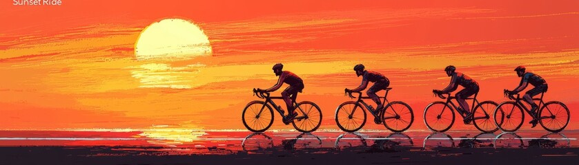 Obraz premium Cycling Into the Sunset: 3D Illustration of Cyclists Enjoying an Elegant Sunset Ride with Modern Typography on Orange Background